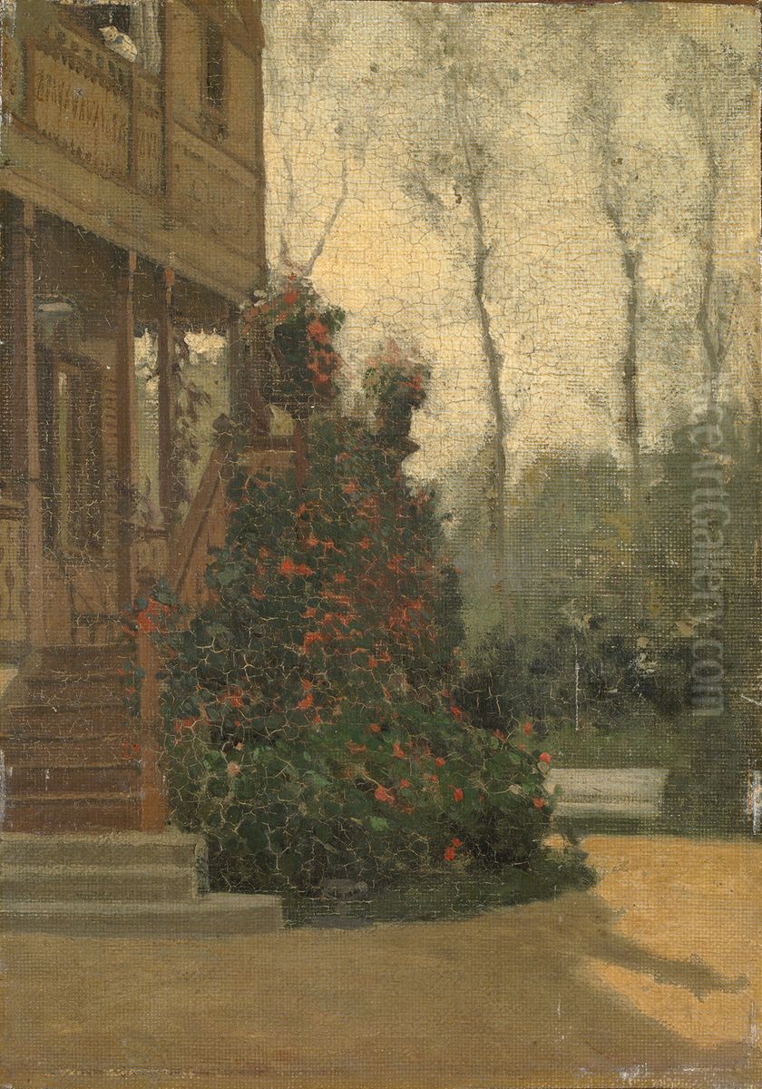 Achterkant van een huis met tuin (hoekje i.d. tuin der villa te le Vesinet) Oil Painting by Willy Martens