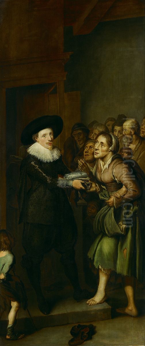 Een aalmoezenier deelt kleding uit Oil Painting by Werner van den Valckert