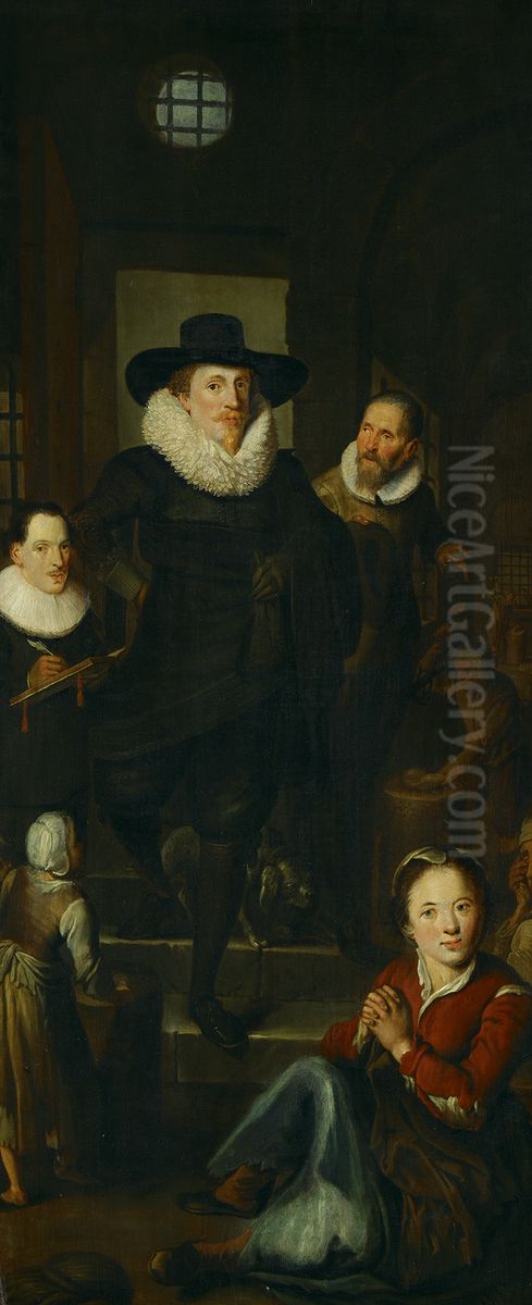 Een aalmoezenier bezoekt de hennepklopperij Oil Painting by Werner van den Valckert