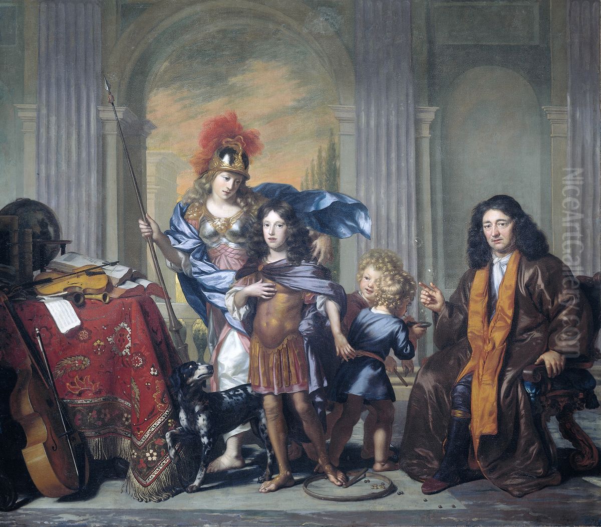 Allerorical Group Portrait, probably Showing Anthony de Bordes Sr. Leaving His Son Anthony in the Care of Minerva Oil Painting by Adriaen Backer