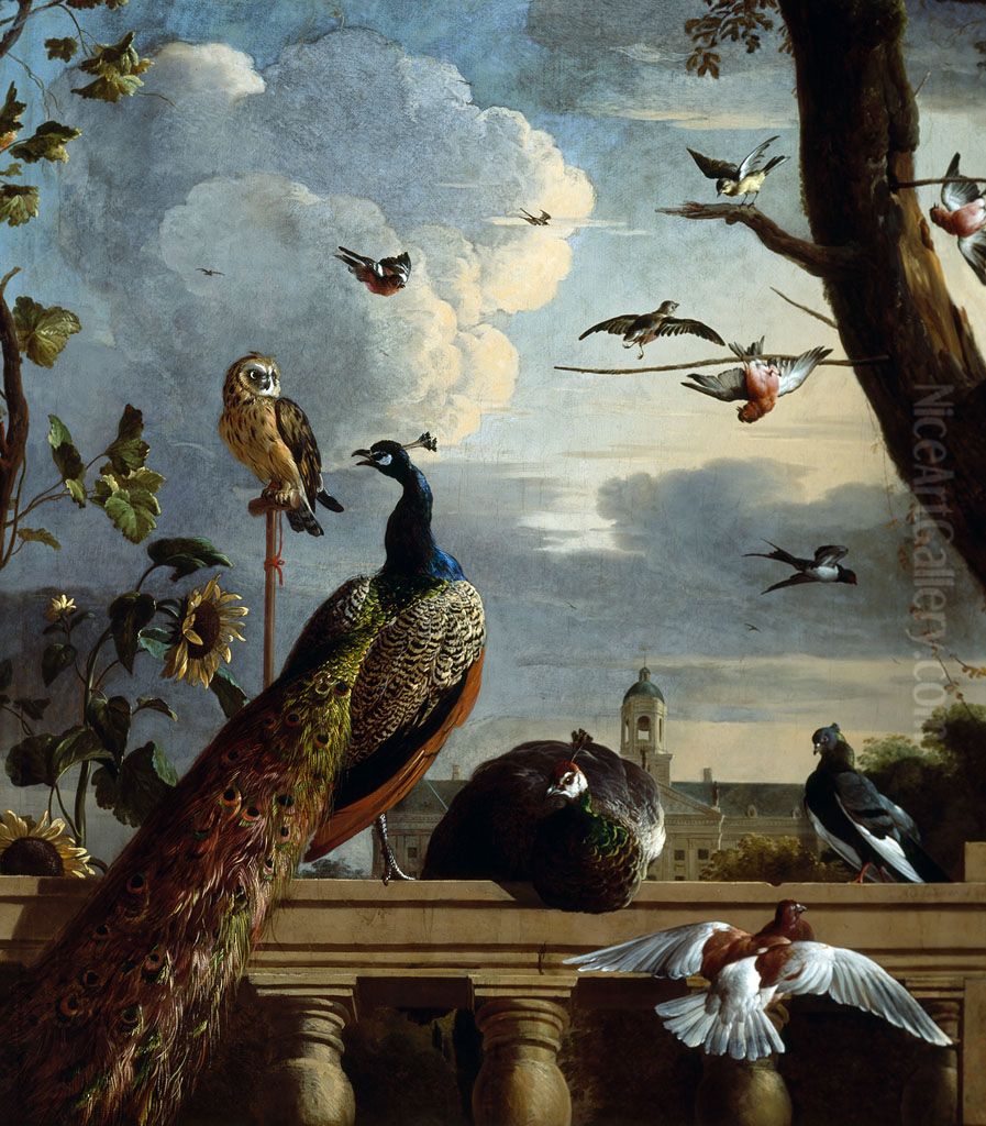 Vogels bij een balustrade met in de achtergrond het Stadhuis-Birds around a Balustrade, with the Town Oil Painting by Melchior D'Hondecoeter