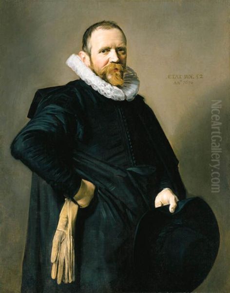 Portret van een man met een zwarte hoed in de hand Oil Painting by Frans Hals