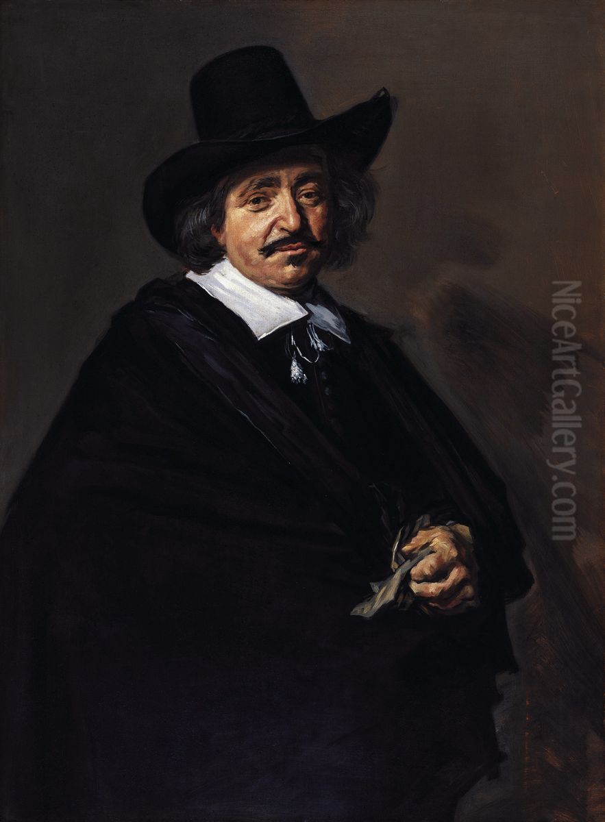 Portrait of a gentleman, three-quarter-length, in a black coat and cape with a black hat, his gloves in his left hand Oil Painting by Frans Hals