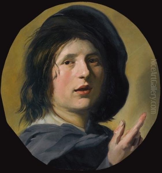 Portrait of a boy wearing a beret with his finger pointing upwards Oil Painting by Frans Hals