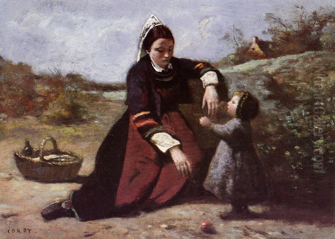 Femme bretonne et sa petite fille Oil Painting by Jean-Baptiste Camille Corot
