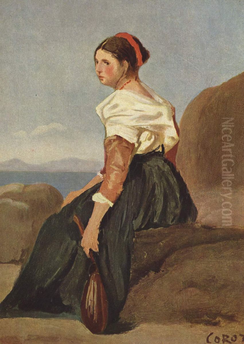 Frau mit Mandoline Oil Painting by Jean-Baptiste Camille Corot