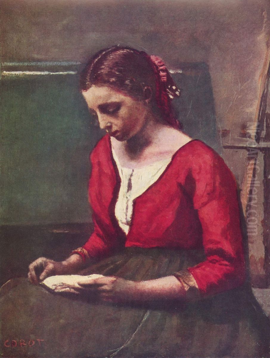 Lesendes Madchen in rotem Trikot Oil Painting by Jean-Baptiste Camille Corot