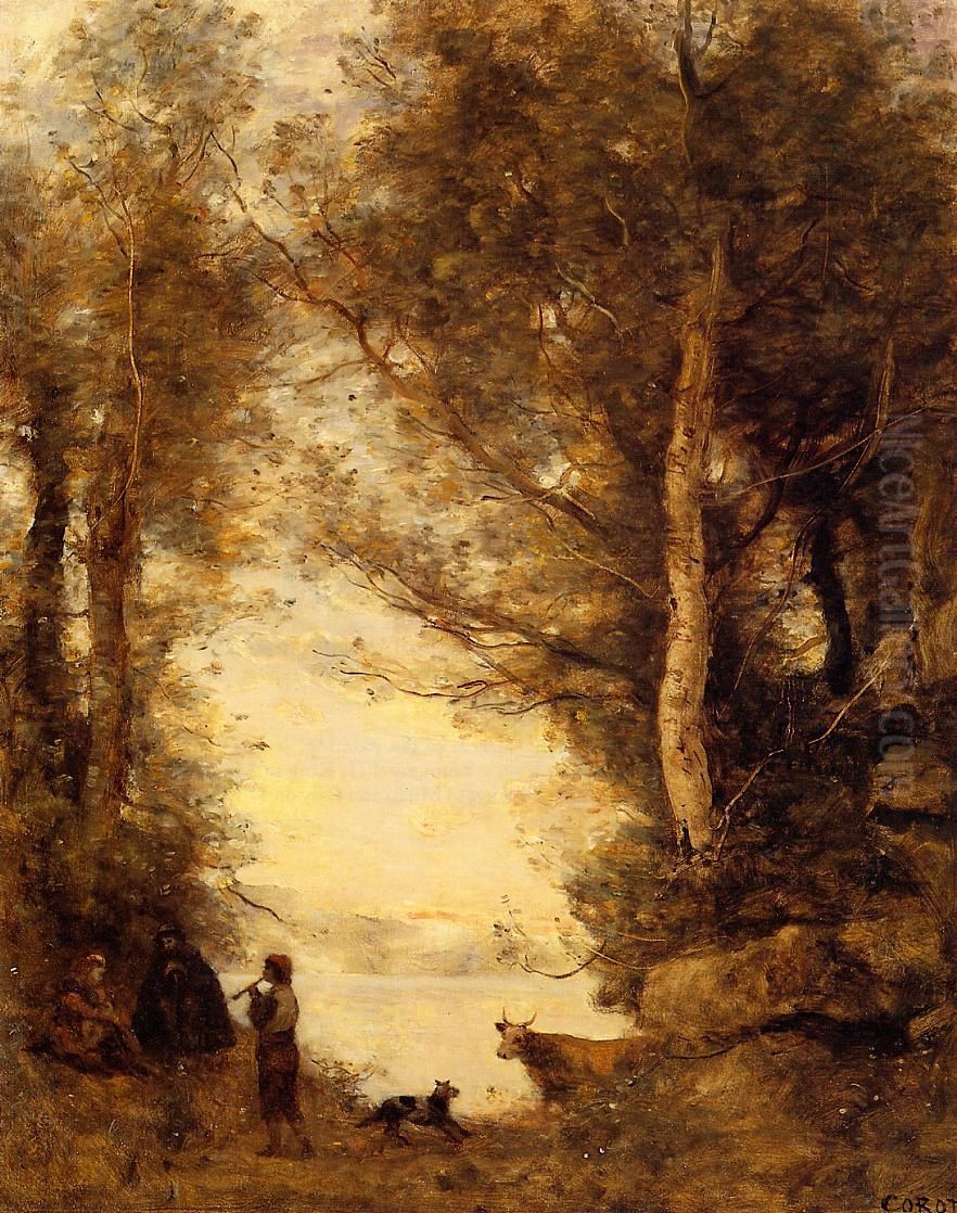 Flute Player at Lake Albano Oil Painting by Jean-Baptiste Camille Corot