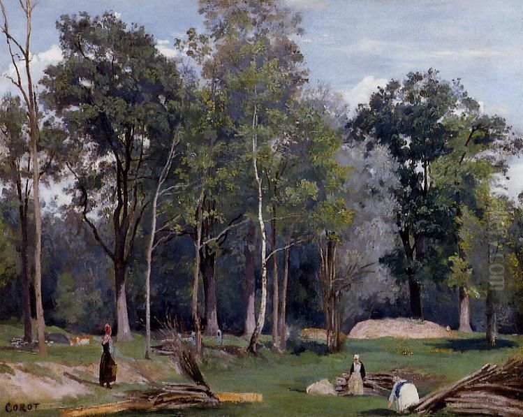 Bucheronnes dans une prairie au bord des bois. Ville d'Avray Oil Painting by Jean-Baptiste Camille Corot