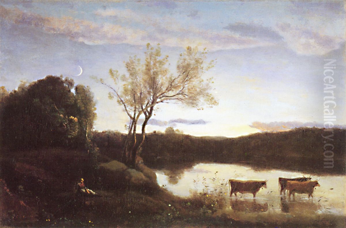 L'Etang aux trois vaches et au Croissant de Lune Oil Painting by Jean-Baptiste Camille Corot