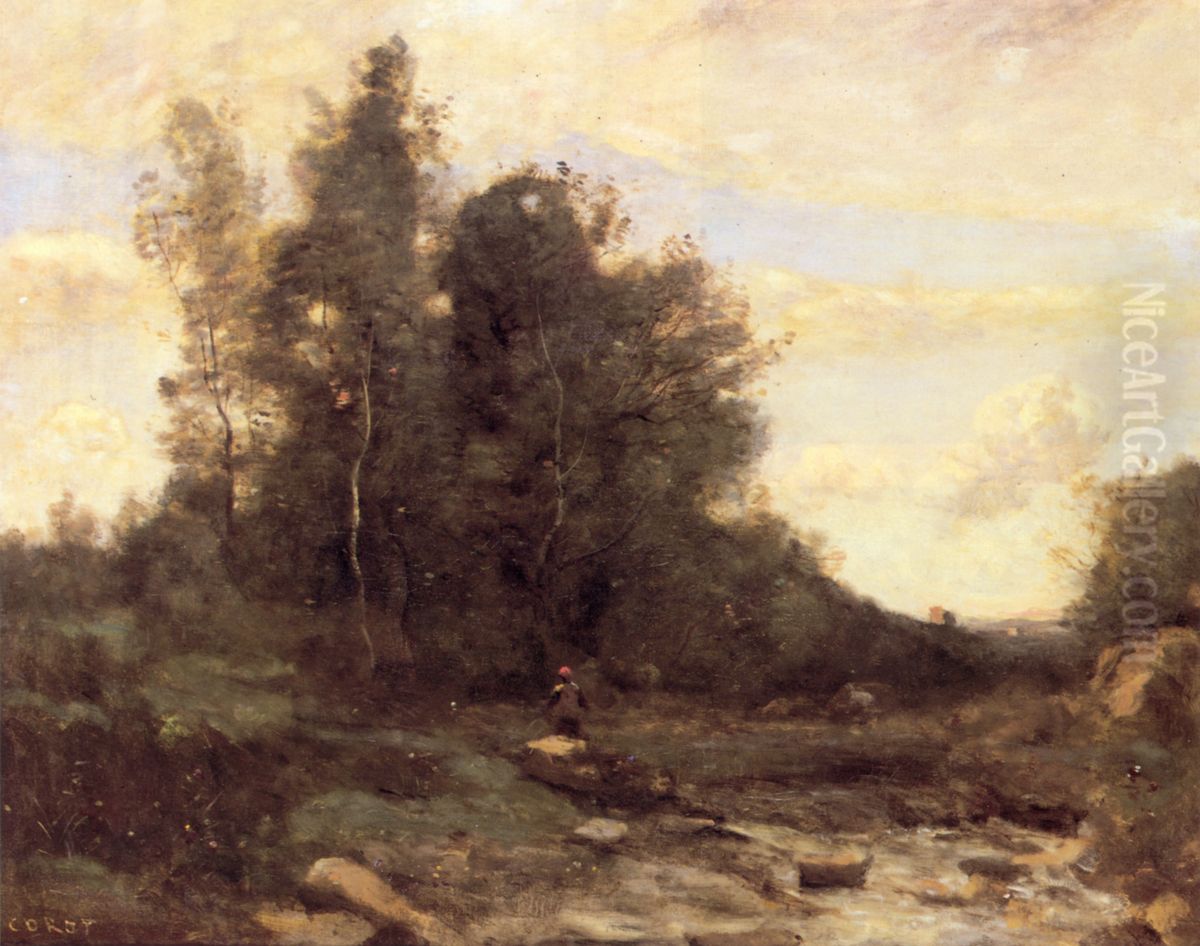 Le torrent pierreux (Crepuscule) Oil Painting by Jean-Baptiste Camille Corot