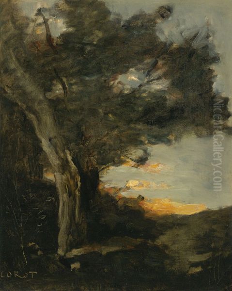 Sunset with a Lioness Oil Painting by Jean-Baptiste Camille Corot