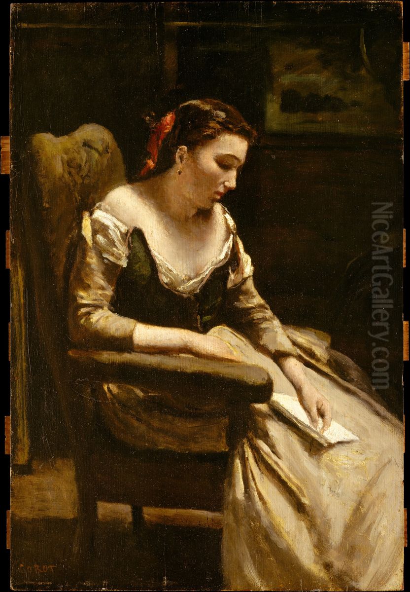 La lettre Oil Painting by Jean-Baptiste Camille Corot
