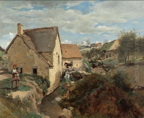 Cottages and a Mill on the Banks of a Stream Oil Painting by Jean-Baptiste Camille Corot