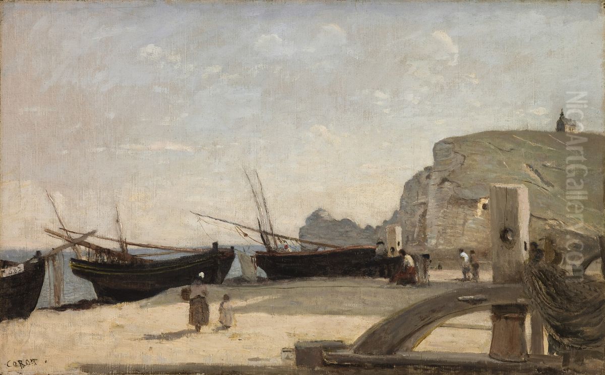 The Beach, Etretat Oil Painting by Jean-Baptiste Camille Corot