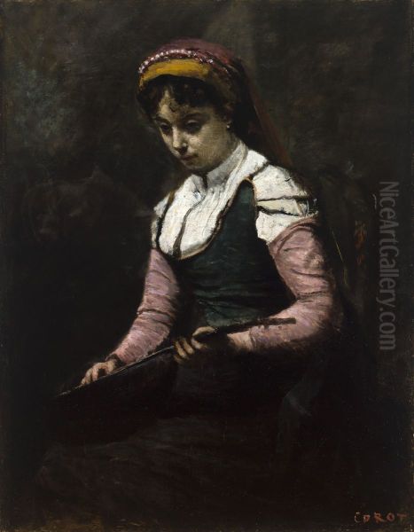 Femme a la Mandoline Oil Painting by Jean-Baptiste Camille Corot