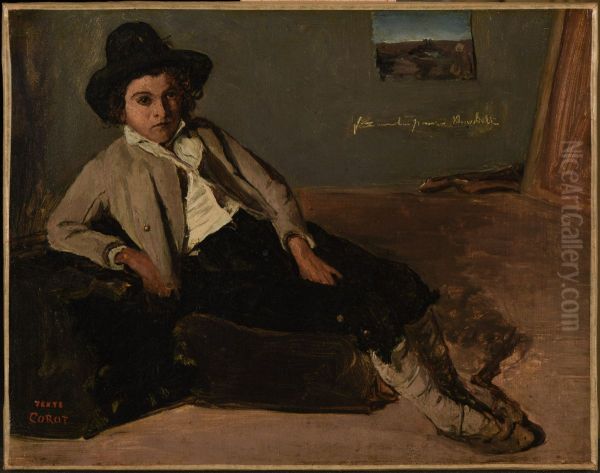 Jeune italien assis Oil Painting by Jean-Baptiste Camille Corot