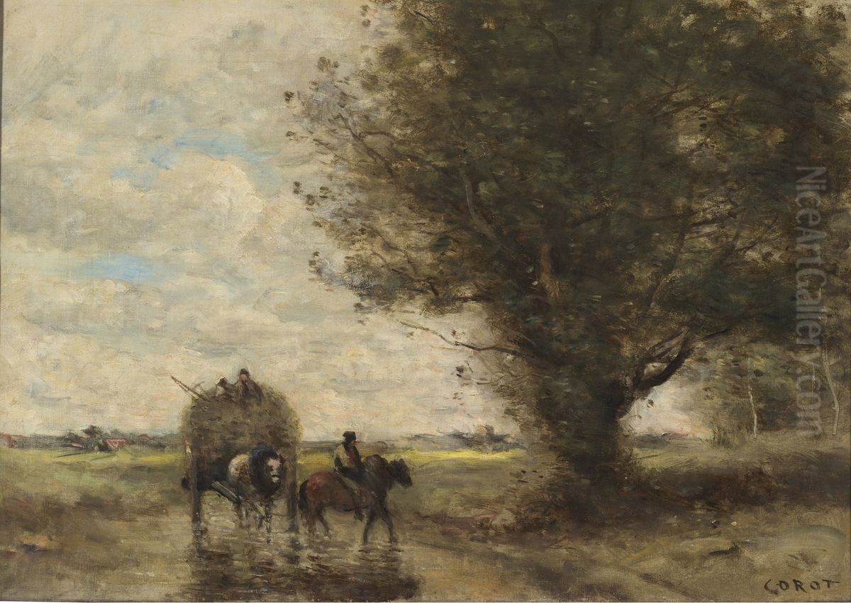 Charette a foin Oil Painting by Jean-Baptiste Camille Corot