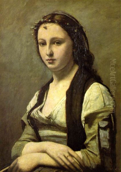 The Woman with a Pearl Oil Painting by Jean-Baptiste Camille Corot