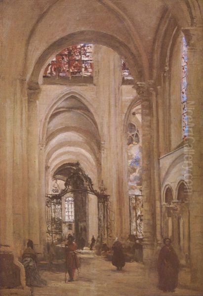 Vue de l'interieur de la cathedrale de Sens Oil Painting by Jean-Baptiste Camille Corot