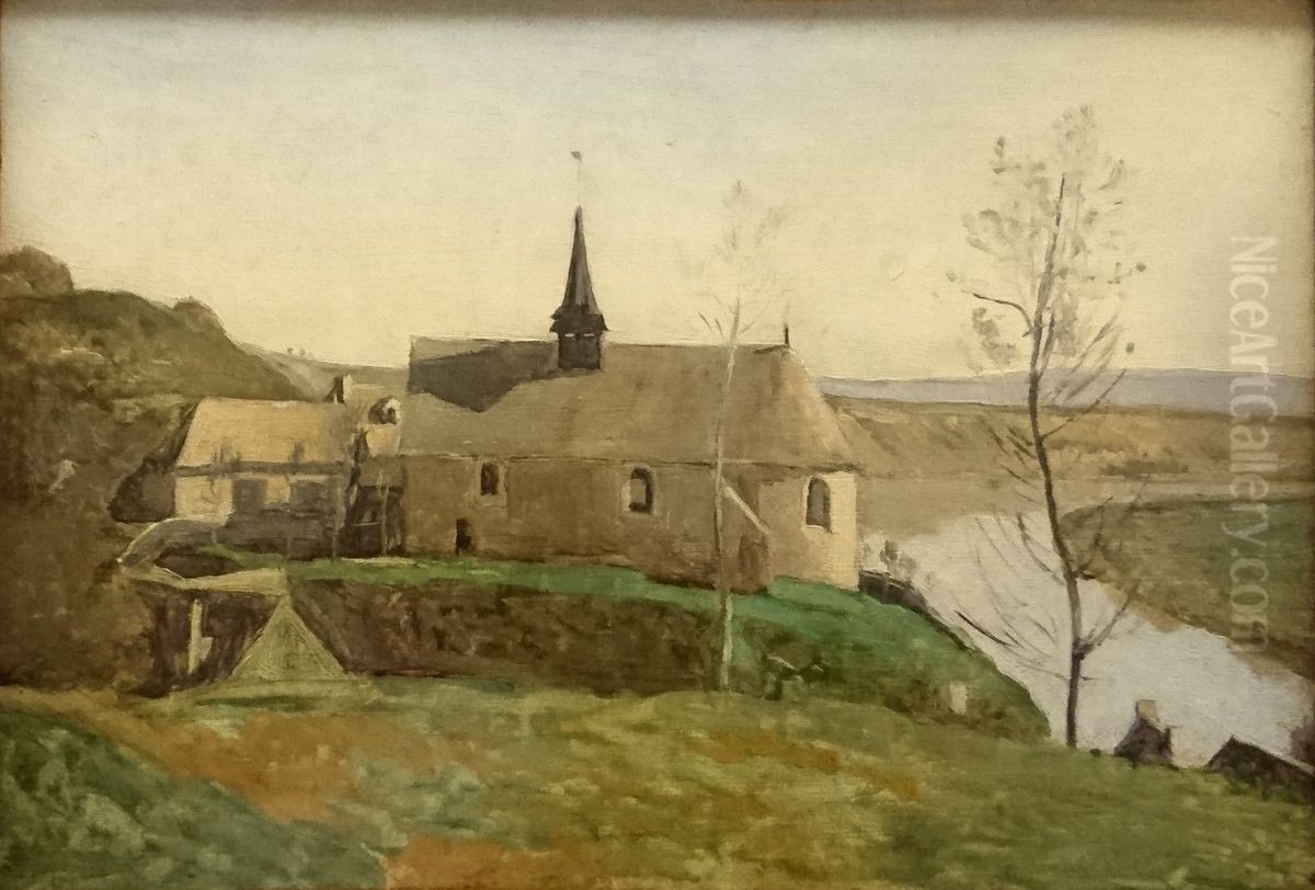 L'eglise de Rolleboise, pres de Mantes. Oil Painting by Jean-Baptiste Camille Corot