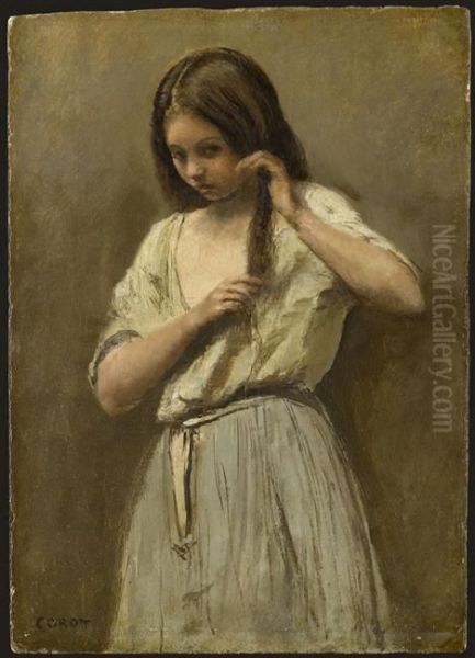 Jeune fille a sa toilette. Oil Painting by Jean-Baptiste Camille Corot