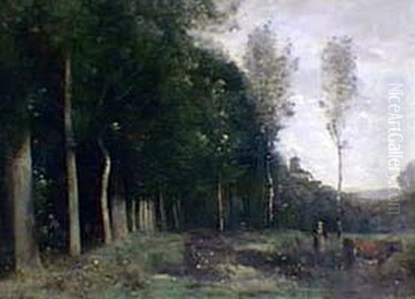 Paysage boise en vue d'un village Oil Painting by Jean-Baptiste Camille Corot