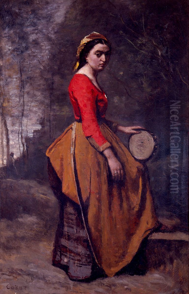 Bohemienne avec tambourin Oil Painting by Jean-Baptiste Camille Corot