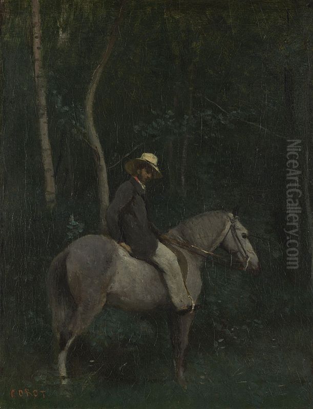 Monsieur Pivot on Horseback Oil Painting by Jean-Baptiste Camille Corot