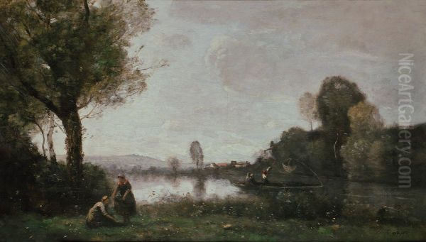 Seine Landscape near Chatou Oil Painting by Jean-Baptiste Camille Corot