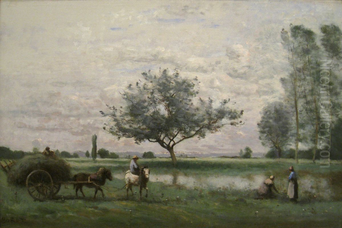 Charrette de foin longeant une riviere Oil Painting by Jean-Baptiste Camille Corot