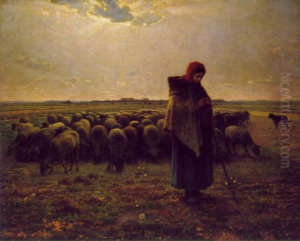 Bergere avec son troupeau Oil Painting by Jean-Francois Millet