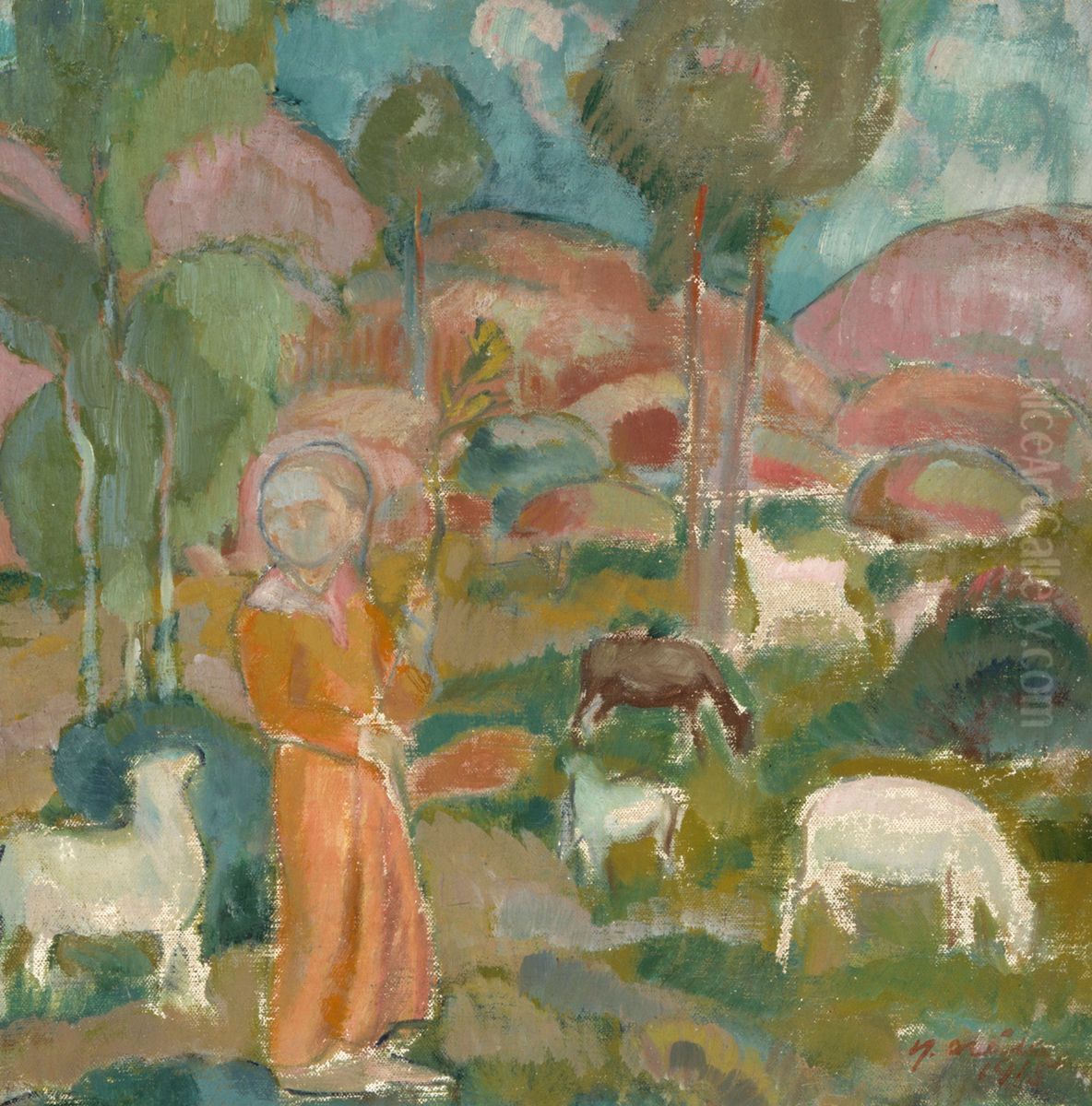 Shepherdess Oil Painting by Yrjo Ollila