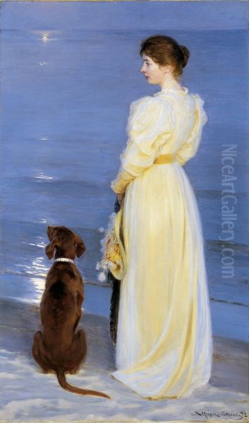 Sommeraften ved Skagen. Kunstnerens hustru med hund ved strandkanten) Oil Painting by Peder Severin Kroyer