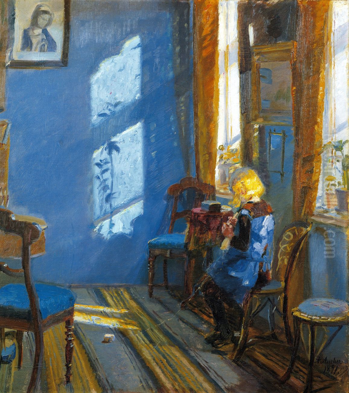 Sunlight in the blue room Oil Painting by Anna Ancher