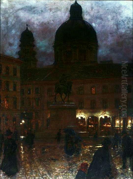 Wittelsbacher Square in Munich at night. Oil Painting by Aleksander Gierymski