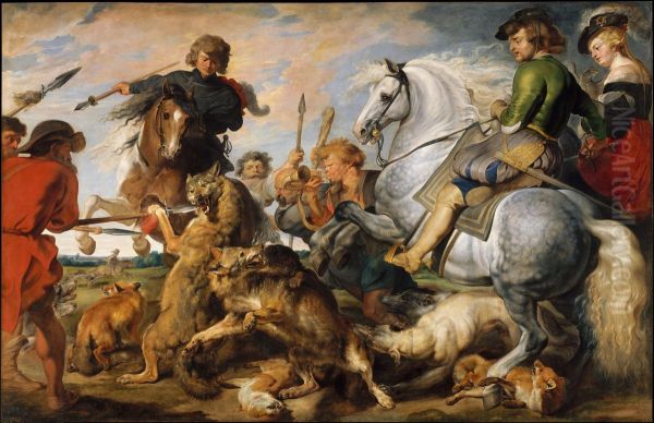 Wolf and Fox Hunt Oil Painting by (studio of) Rubens, Peter Paul