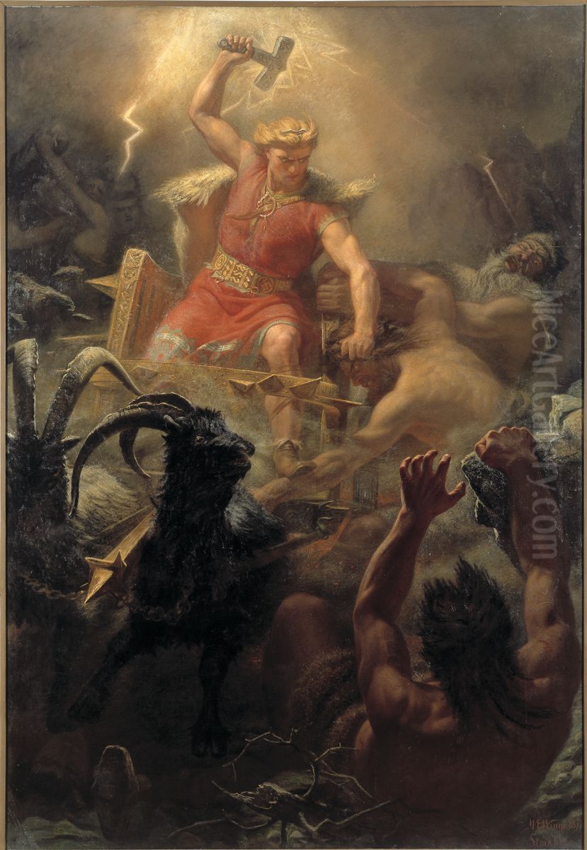 Tor's Fight with the Giants Oil Painting by Marten Eskil Winge