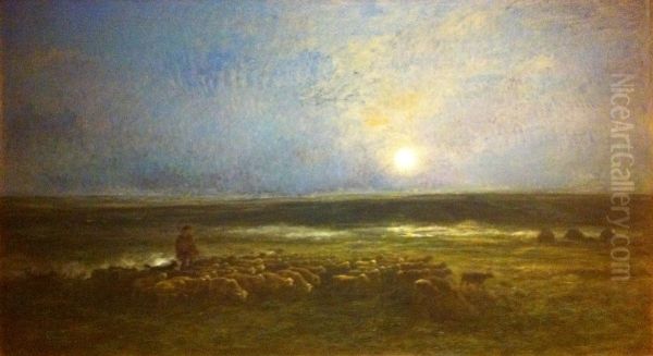 Lever de lune a Auvers ou le retour du troupeau. Oil Painting by Charles-Francois Daubigny