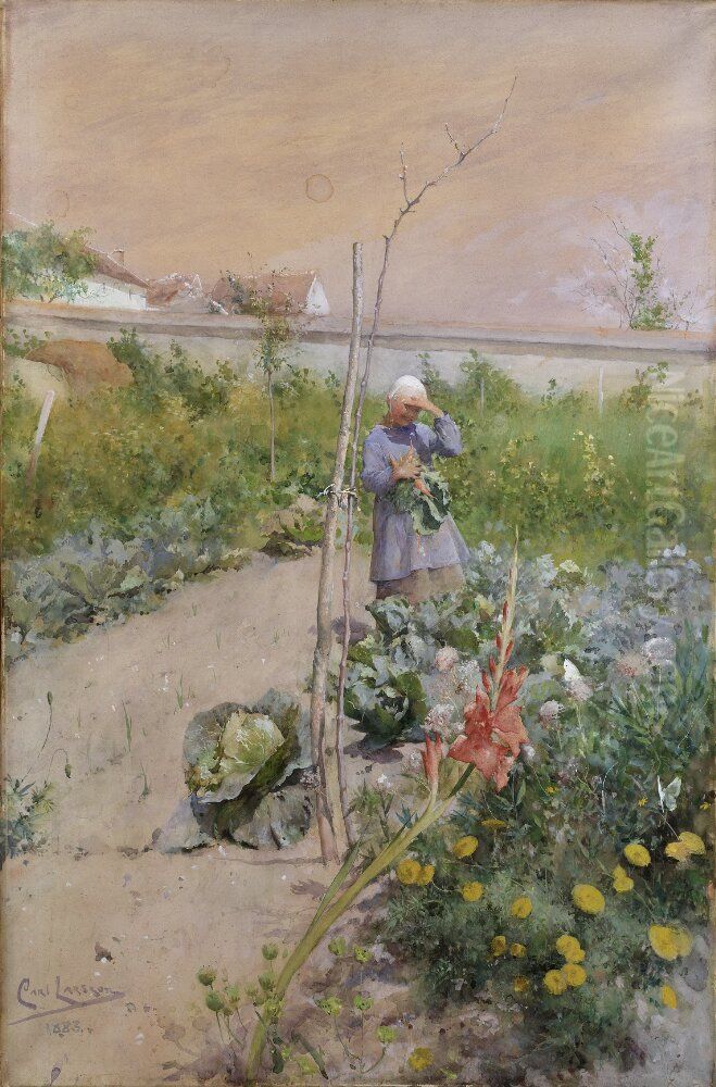 In the Kitchen Garden Oil Painting by Carl Larsson