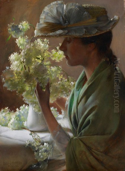 Lady with a Bouquet (Snowballs) Oil Painting by Charles Courtney Curran