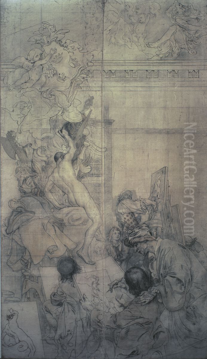 Cartoon for the Fresco in the Lower Hall of the NM. The Art Academy: Taraval's Drawing School Oil Painting by Carl Larsson