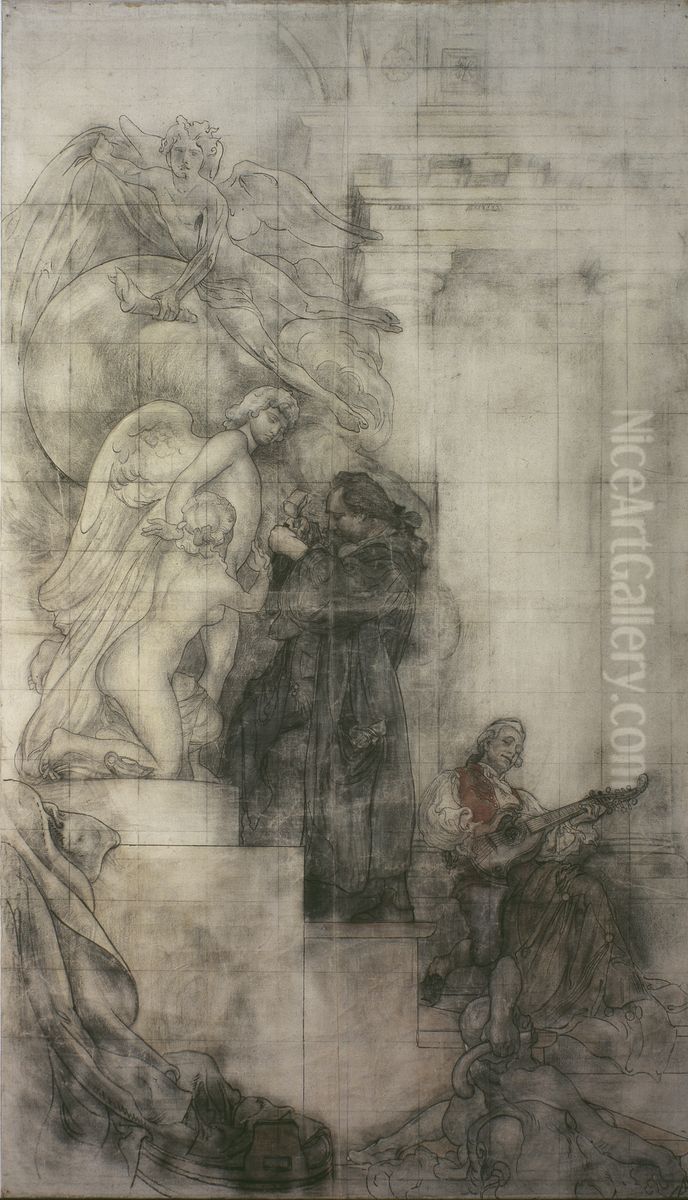 The Art of Sculpture: Carl Michael Bellman in Sergel's studio. Cartoon for the Fresco in the Lower Hall of the NM Oil Painting by Carl Larsson