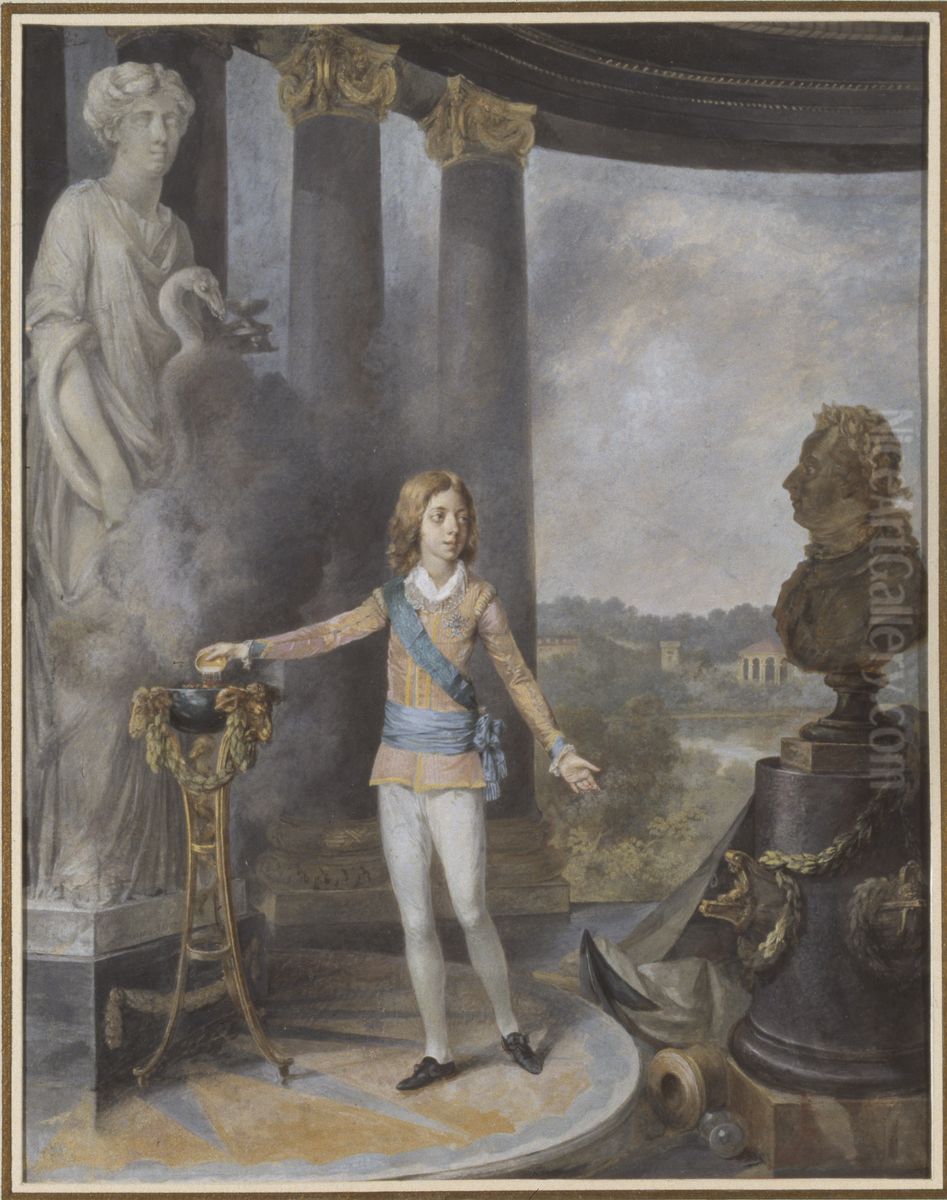 Gustav IV Adolf offrar at Hygieia for sin faders halsa Oil Painting by Niclas Lafrensen