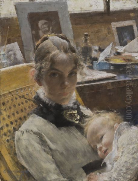 Atelje-idyll. Konstnarens hustru med dottern Suzanne Oil Painting by Carl Larsson