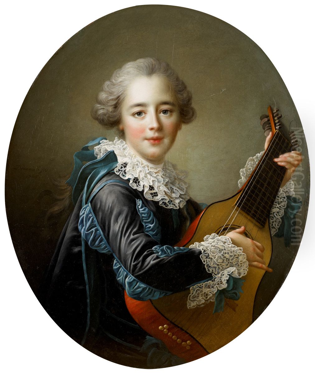 Carlos Fernando FitzJames-Stuart, Marquess of Jamaica, misidentified with Madame du Barry Playing the Guitar Oil Painting by Francois-Hubert Drouais