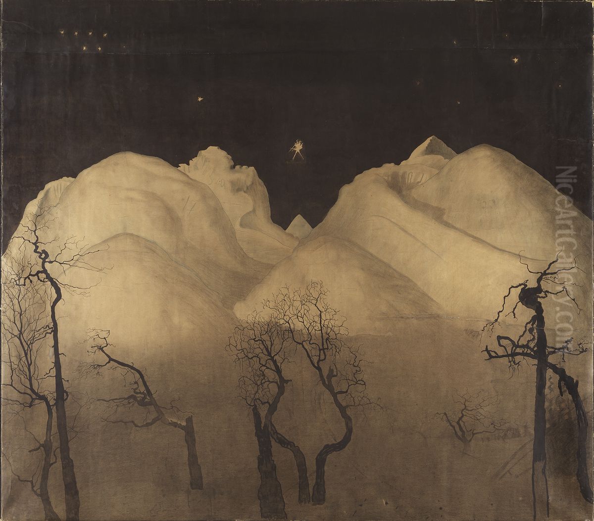 Winter Night in the Mountains. Study Oil Painting by Harald Oscar Sohlberg