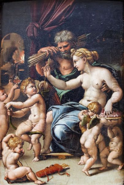 Venus, Vulcain et l'Amour avec cinq putti Oil Painting by Giulio Romano