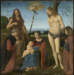 La Vierge a l'Enfant et les saints Jean Baptiste et Sebastien entre deux donateurs (Giacomo di Marchione de Pandolfi da Casio et son fils Girolamo, poete)