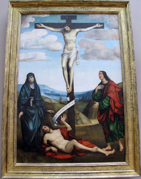 Calvary with St. Job at the Foot of the Cross Oil Painting by Francesco Francia